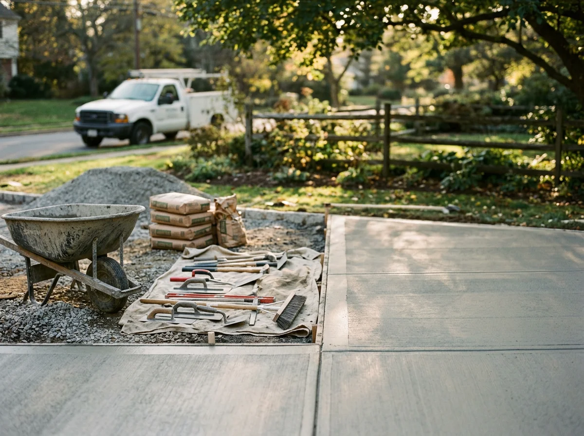 Concrete work in progress showing finished foundation or patio installation with tools and materials on site.