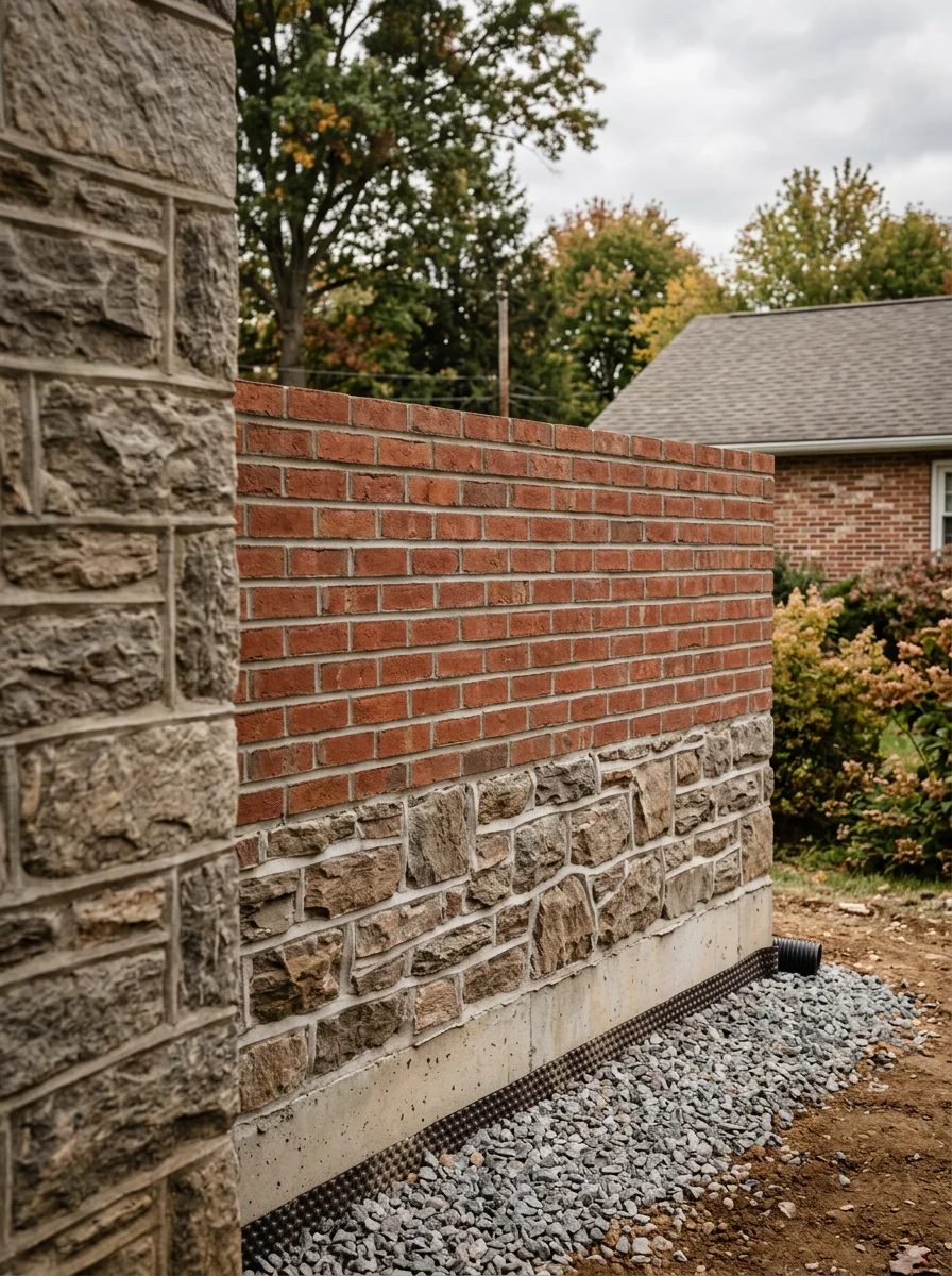 Brick veneer and stone masonry on residential foundation in Reading area with freeze-thaw resistant mortar and proper drainage