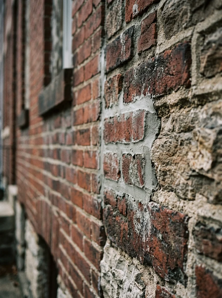 Close-up of stucco and brick veneer repair on a pre-1920 twin home exterior in Bridgeport, PA, showing new mortar work against original stone siding.