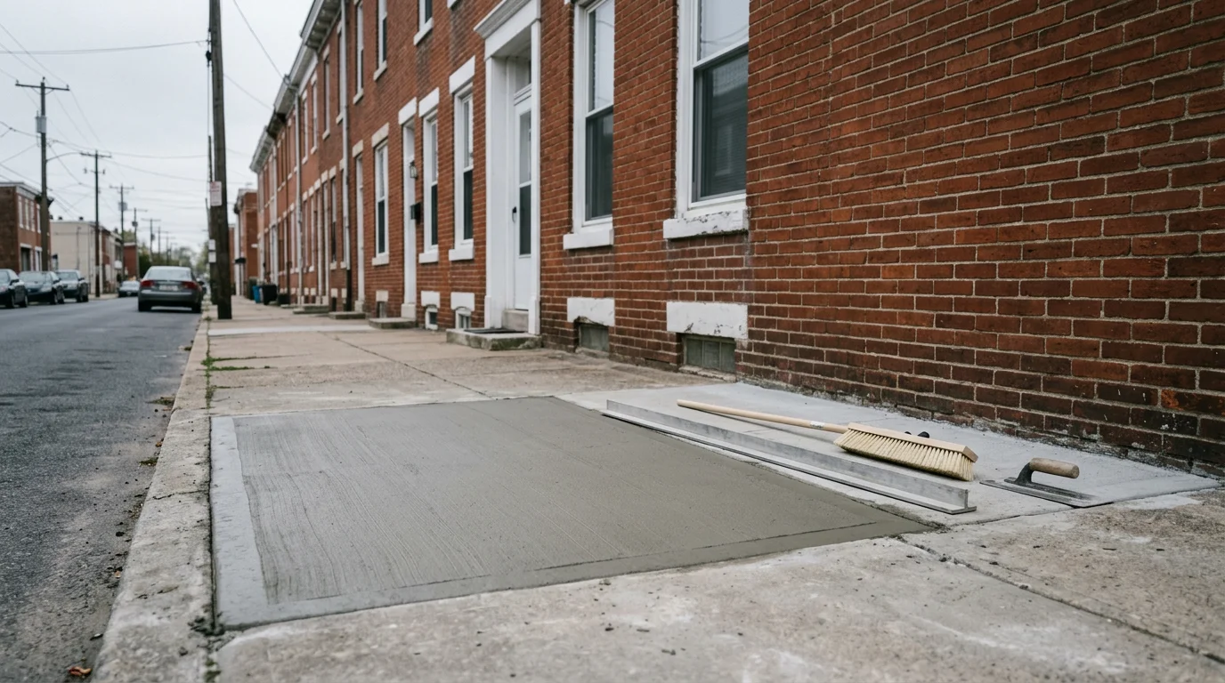 Concrete sidewalk replacement in progress along a brick row home street in Bridgeport, PA, with fresh slab panels poured flush to the existing grade.