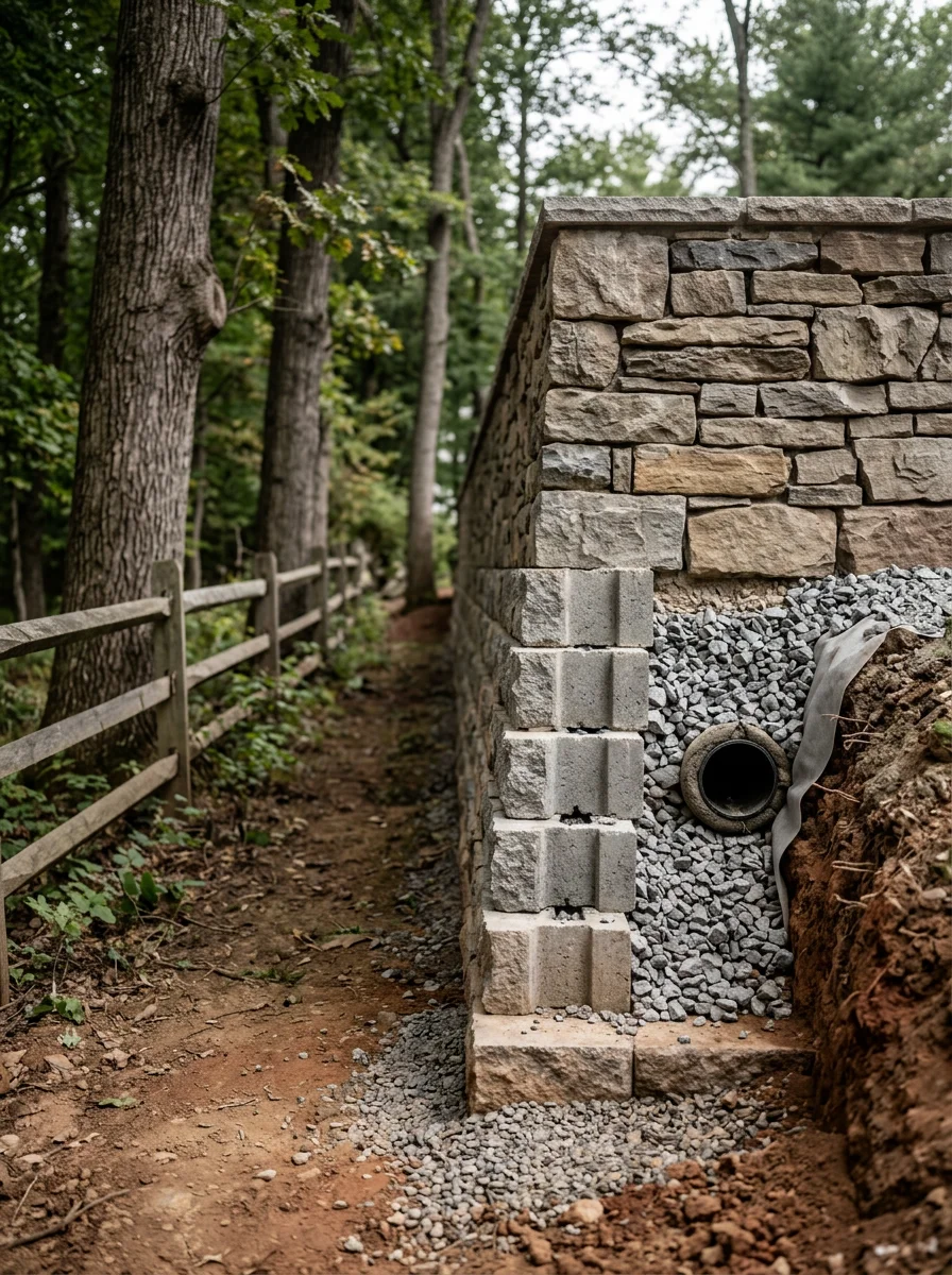 Engineered retaining wall with drainage system in Bucks County, built to handle clay soil and water pressure