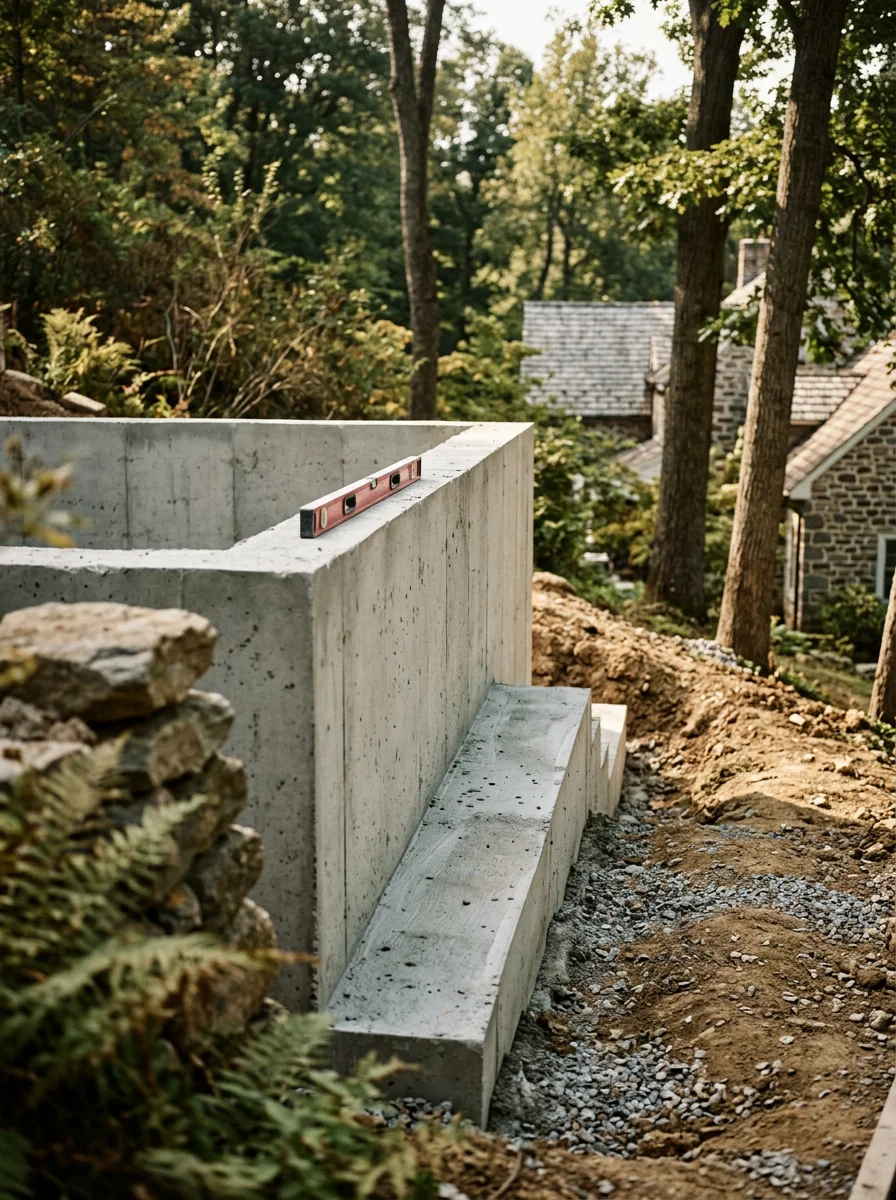 Concrete foundation and masonry work on a Chester County residential property with retaining wall on sloped terrain