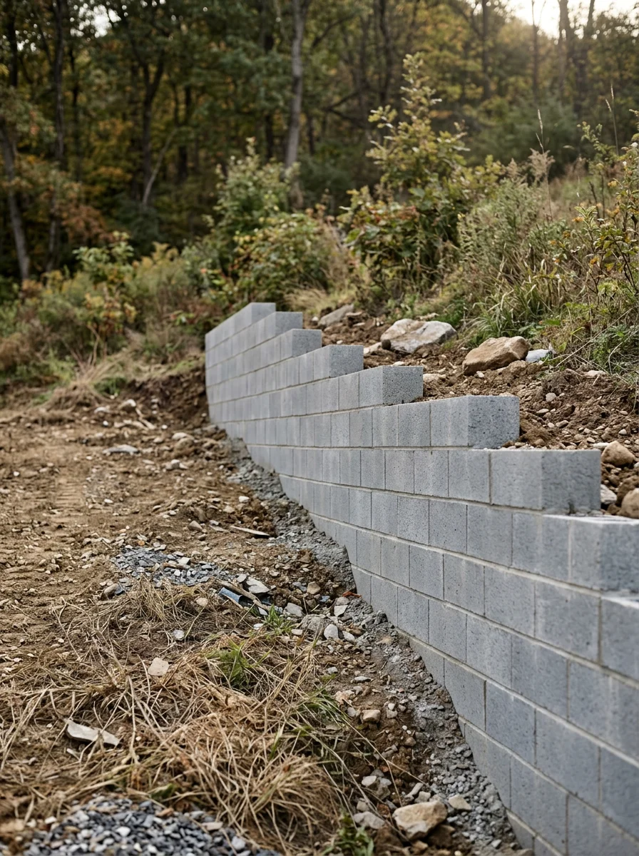 Block retaining wall construction on a rolling residential lot in Valley Township near Coatesville, PA, with concrete block courses set against a grade change on a larger western Chester County property.