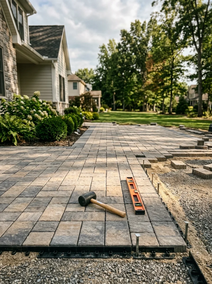 Decorative masonry patio under construction at a newer single-family home in Collegeville, PA, with stone pavers laid on a compacted gravel base in a large rear yard.