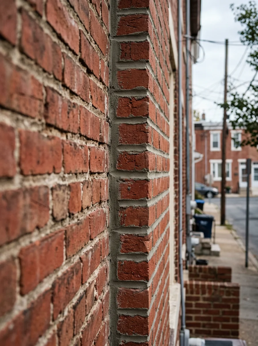 Brick veneer repair in progress on a pre-war row home exterior in Conshohocken, PA, showing fresh mortar repointing on original red brick along a narrow borough street.