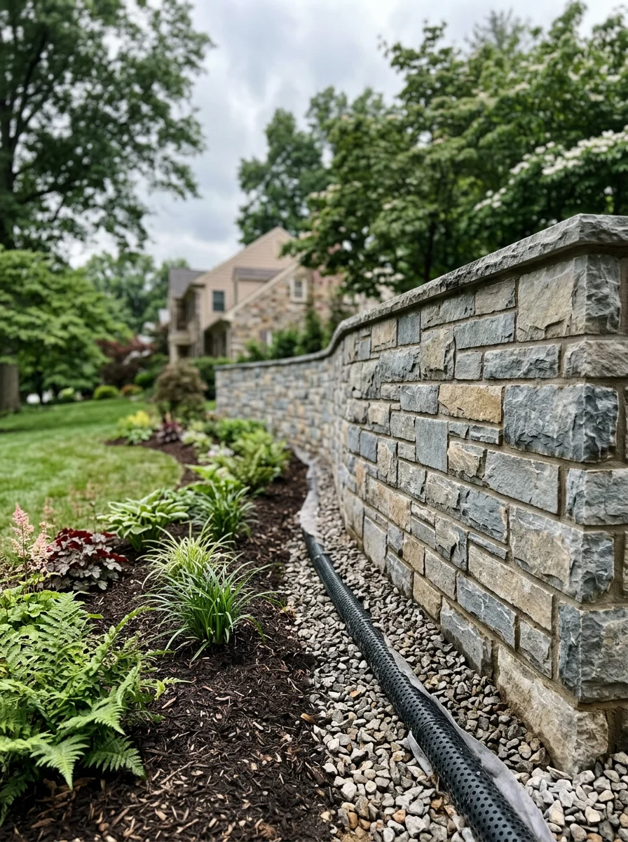 Pennsylvania bluestone retaining wall with drainage system in Delaware County suburban landscape