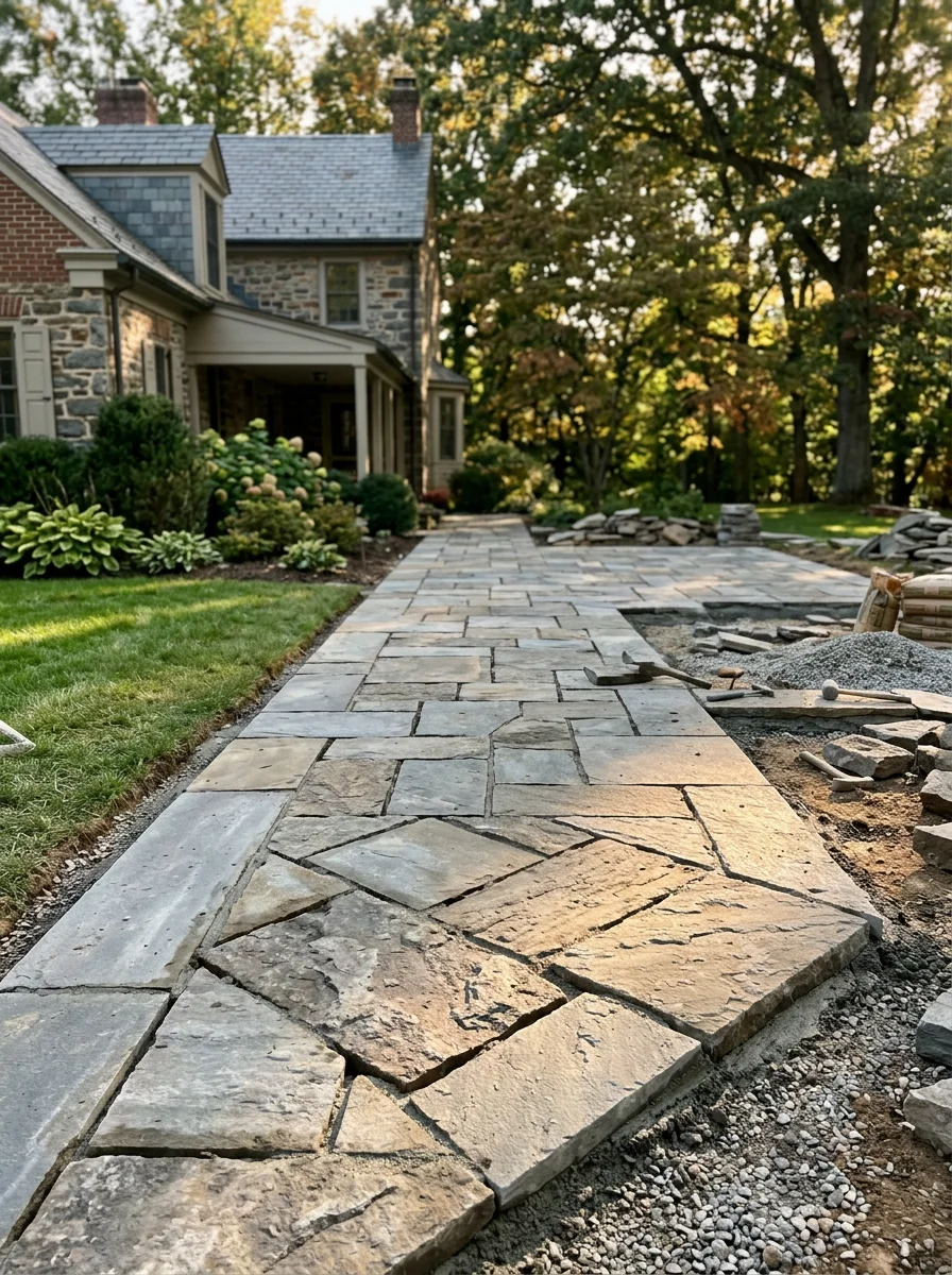 Decorative stone masonry patio under construction at a residential property in the Gulph Mills neighborhood of King of Prussia, PA, with natural stone laid on a prepared base.
