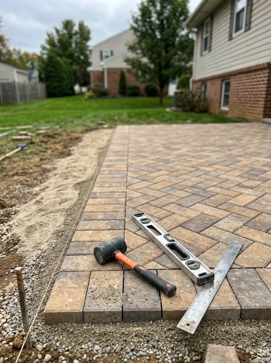Decorative masonry patio installation at a newer single-family home in Lansdale, PA, with stone pavers laid on a compacted base in a rear yard along the Whites Road corridor.