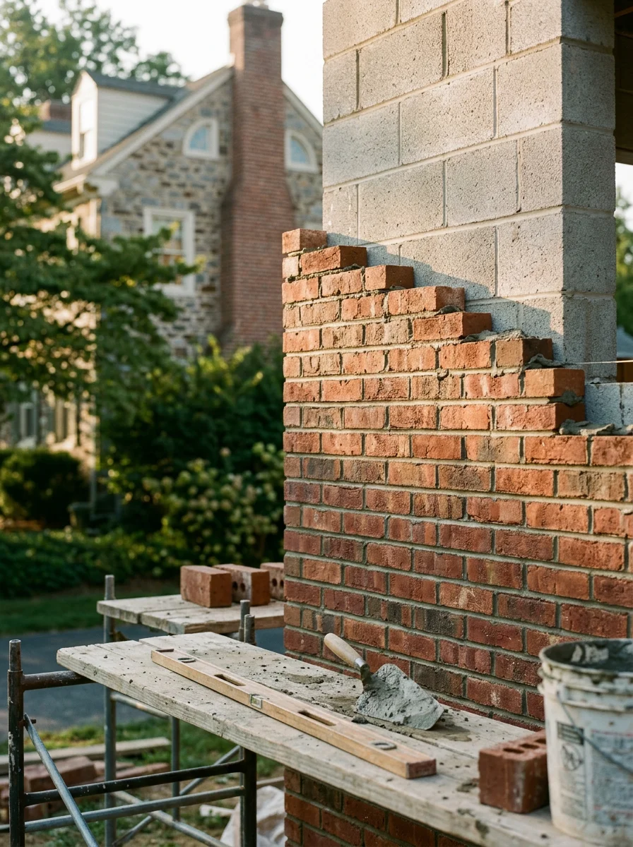 Brick veneer installation in progress on a home addition in East Whiteland Township near Malvern, PA, with new brick courses laid over a concrete block backup wall.