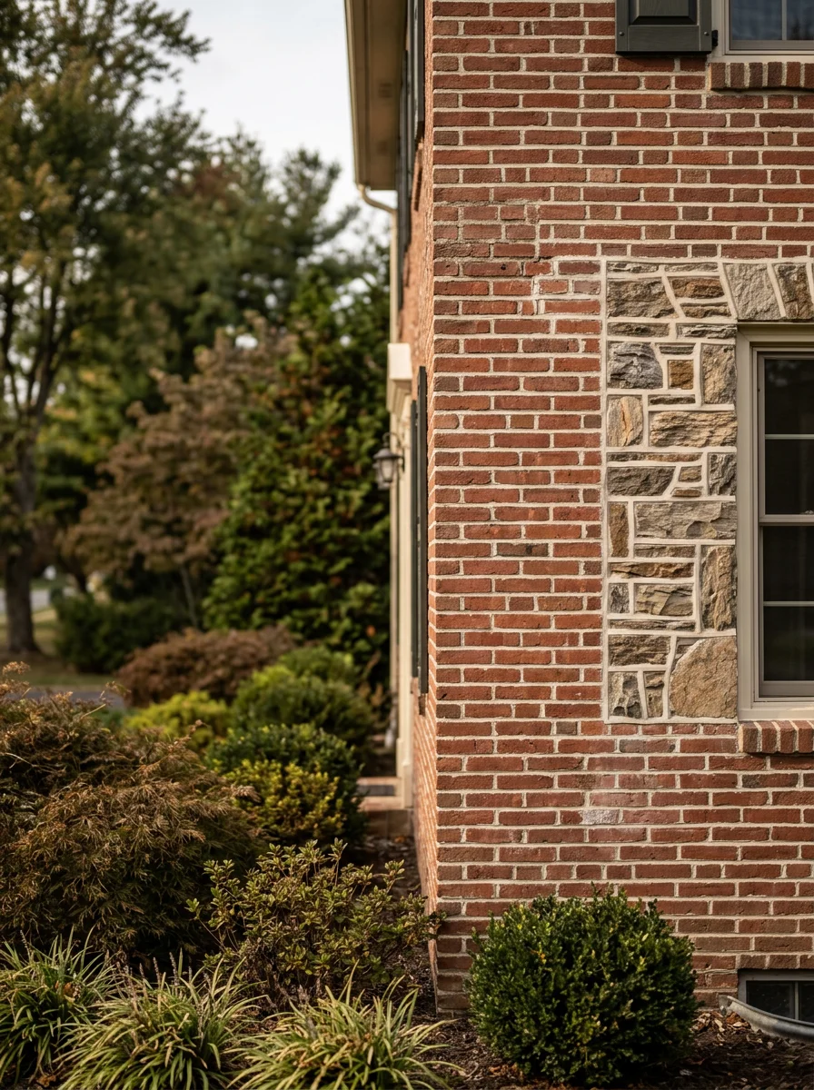 Brick masonry and stone veneer work on residential property in Montgomery County with mature landscaping