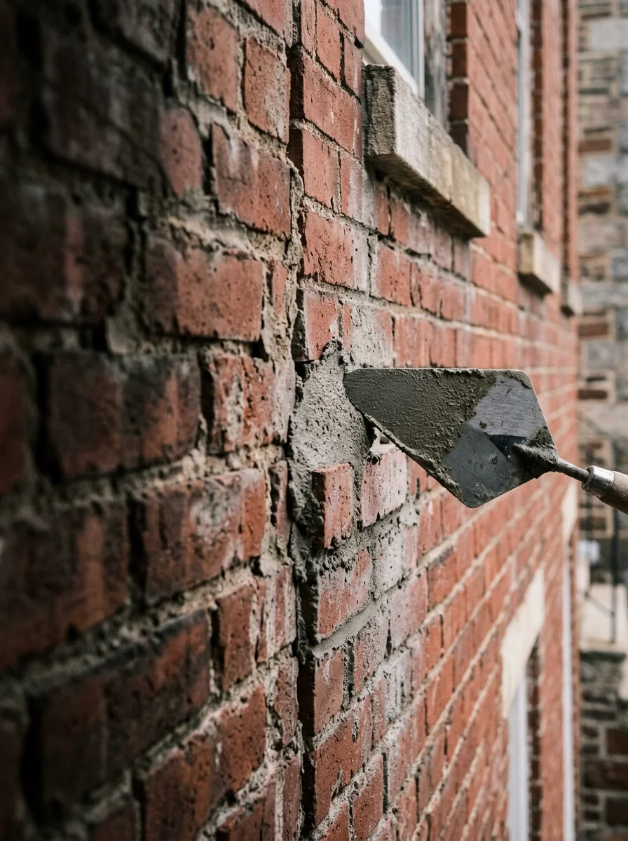 Brick repointing work on a late-1800s twin home exterior in Norristown, PA, showing fresh mortar applied to deteriorated joints on the original red brick facade.