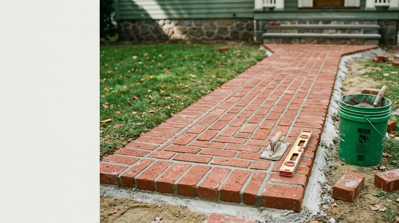 Freshly installed brick walkway leading to the front steps of a pre-war rowhome in Bridgeport, Pennsylvania. The brick is laid in a running bond pattern with tight mortar joints and a clean edge along the lawn border.