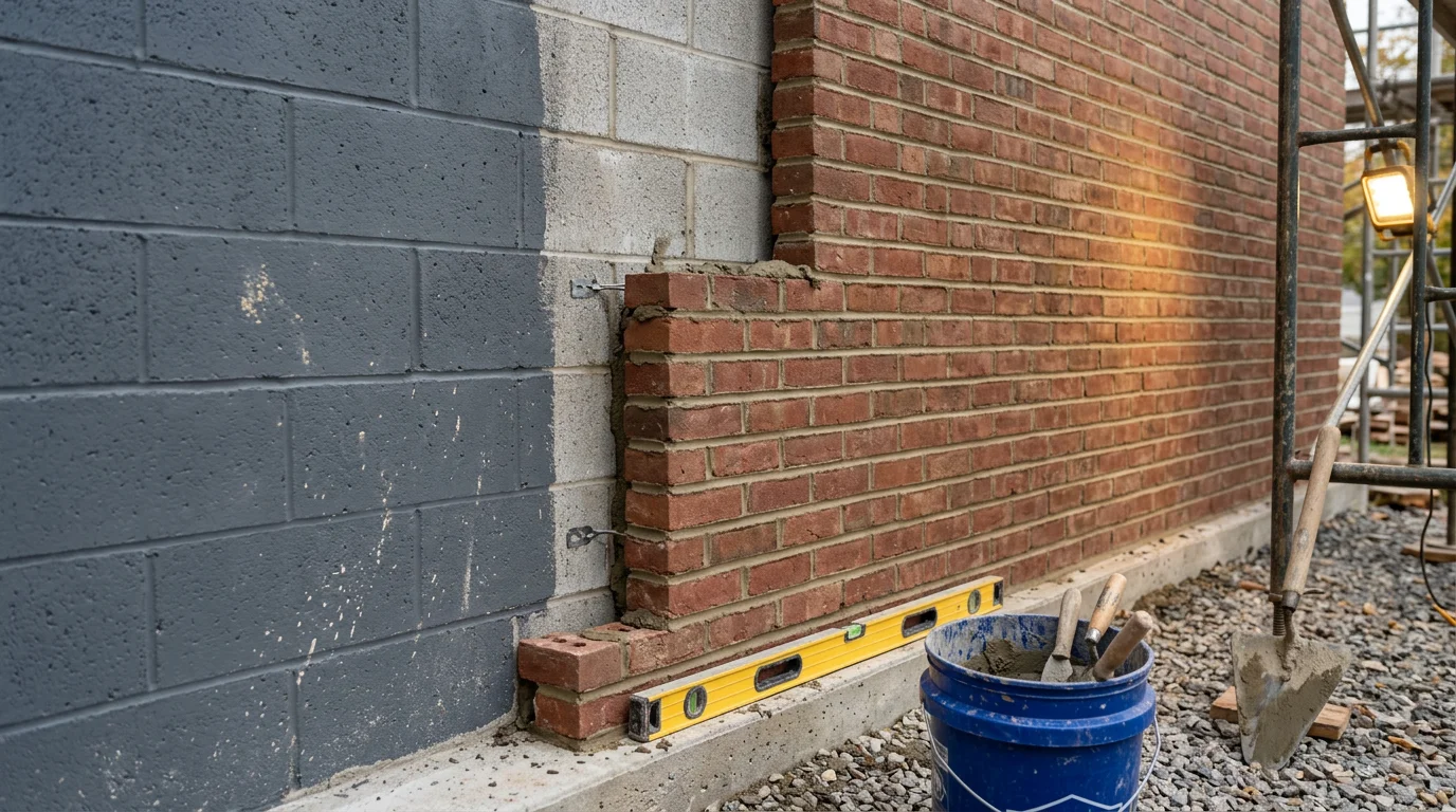 Freshly installed brick veneer on the exterior facade of a residential home in Bridgeport, Pennsylvania. Close view shows tight mortar joints and a uniform brick pattern across the front elevation.