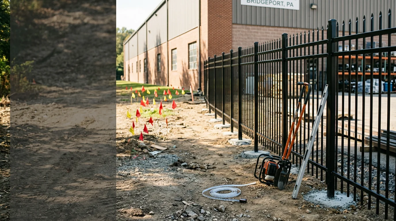 Newly installed commercial perimeter fence along the boundary of an industrial property in Bridgeport, Pennsylvania. Chain link fencing with a vehicle access gate runs along a paved lot edge with commercial buildings visible in the background.