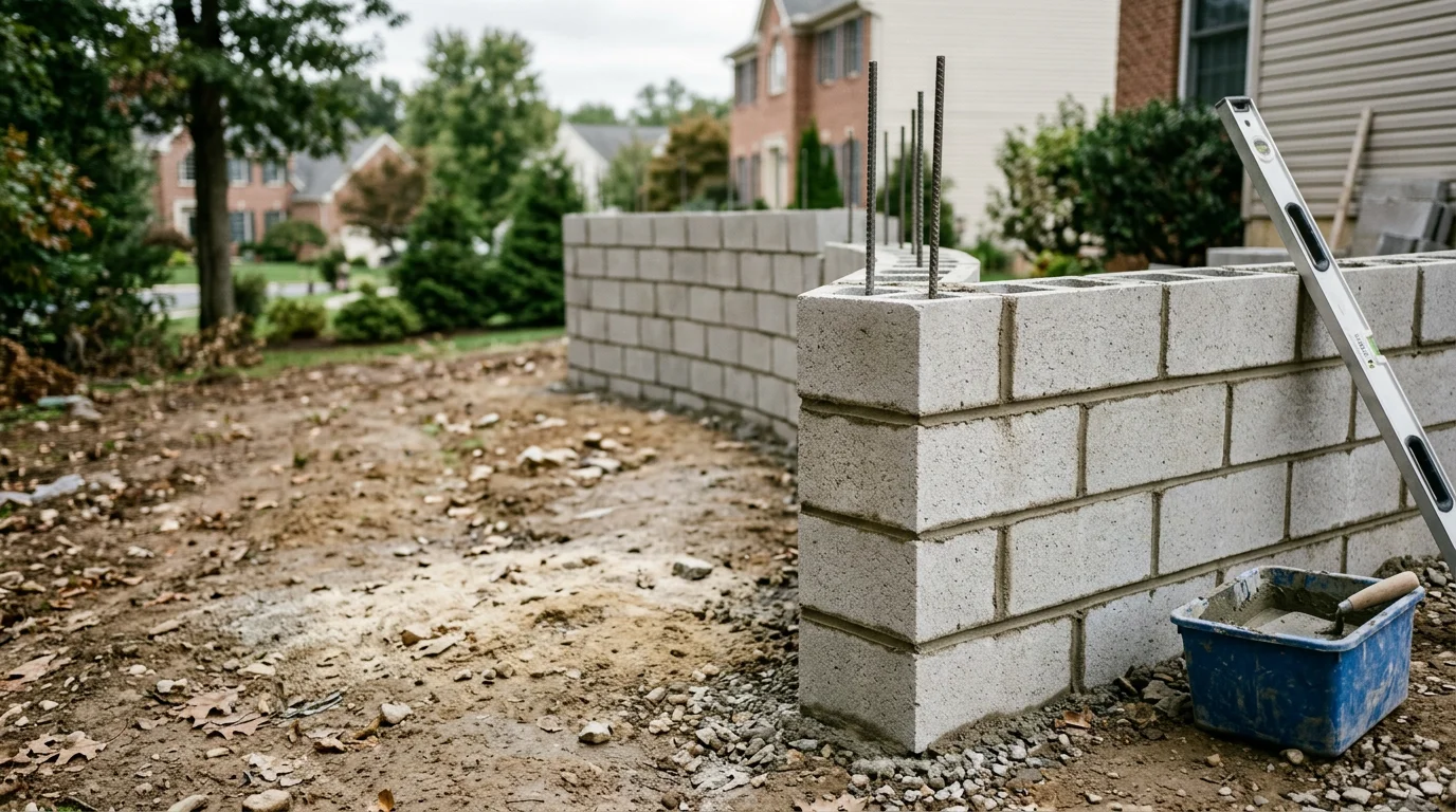 A freshly installed concrete block retaining wall along a residential property in Bridgeport, Pennsylvania, with level mortar joints and a clean cap course. The wall holds back a sloped yard and borders a maintained lawn area.