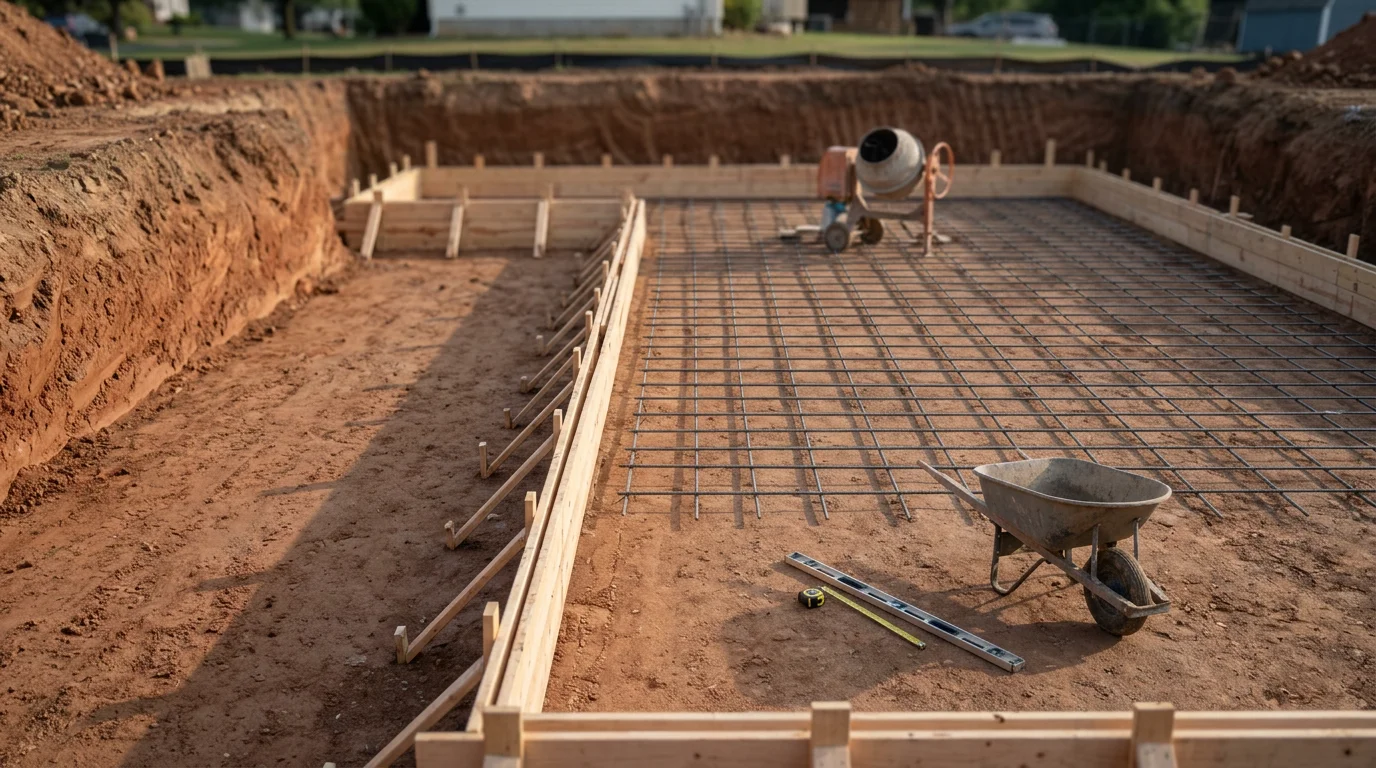 Freshly poured and formed concrete foundation walls for a residential structure in Bridgeport, Pennsylvania. Reinforced concrete footings and foundation walls are visible at ground level on a prepared and excavated lot.