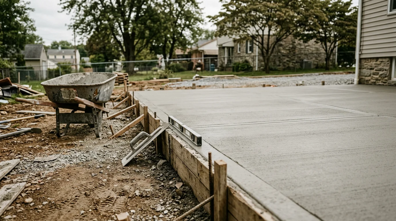 A freshly poured and finished concrete patio behind a residential home in Bridgeport, Pennsylvania, with clean edges and a smooth surface ready for outdoor furniture. The patio is sized to fit a typical Montgomery County backyard with visible drainage slope away from the home's foundation.
