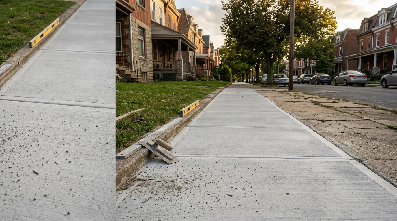 Freshly poured concrete sidewalk in front of a brick row home in Bridgeport, Pennsylvania, with clean panel joints and a smooth surface running along the street. The replacement walk connects the front entry to the curb line on a residential block typical of Montgomery County.
