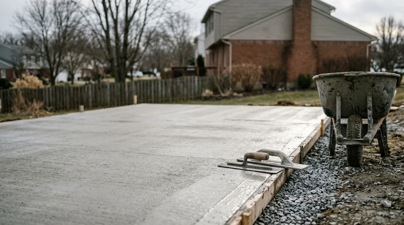 A freshly poured concrete slab with a smooth broom finish in a residential backyard in Bridgeport, Pennsylvania. The slab is set on prepared ground and sized to serve as a base for a detached garage or storage structure.