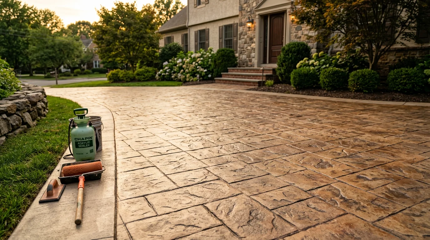 A freshly finished decorative concrete driveway in Bridgeport, Pennsylvania, showing a stamped stone-pattern overlay with a sealed surface. The finish runs from the garage apron to the street in a residential front yard setting.