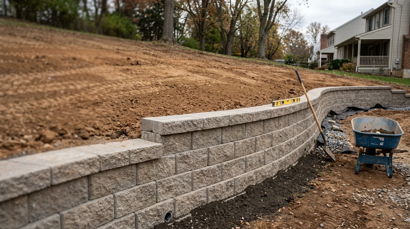 A completed erosion control wall along a sloped residential yard in Bridgeport, Pennsylvania, holding back soil and redirecting stormwater runoff away from the lawn and foundation. The wall runs parallel to a graded hillside with stable ground visible on both sides.