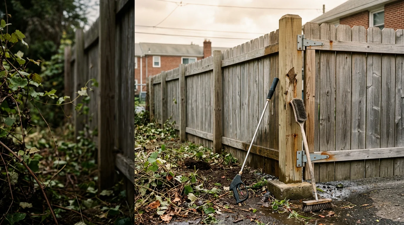 A fence contractor inspecting a wood fence post along a residential property line in Bridgeport, Pennsylvania. The fence line is clear of vegetation and the posts and rails are visibly clean and upright.