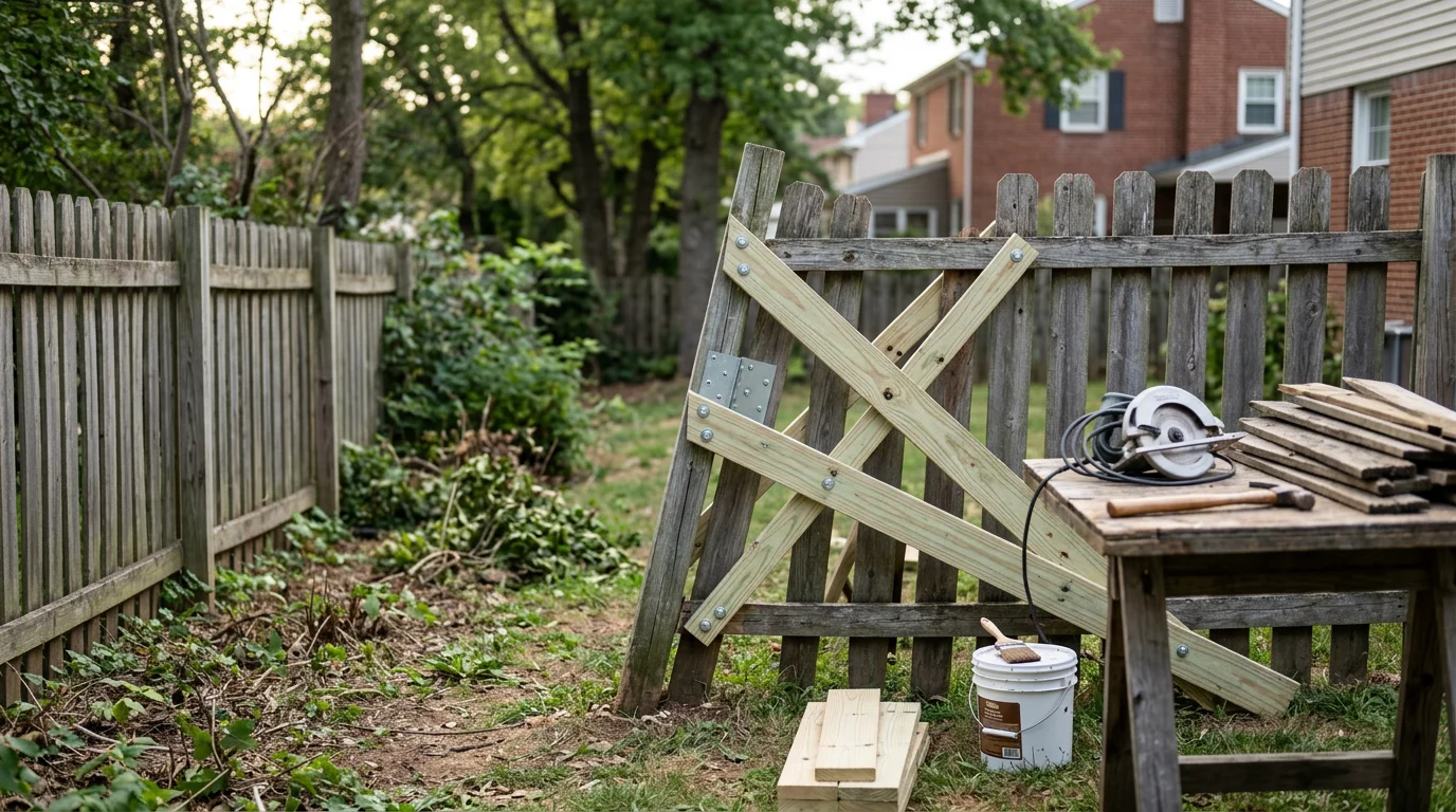 A repaired wooden fence along the side yard of a Bridgeport, PA row home, with a newly set post and replaced pickets blending into the existing fence line. The surrounding yard shows a typical close-lot residential property common to the borough.
