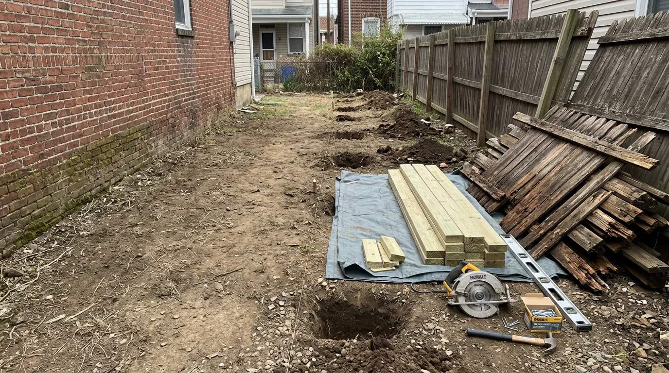 A newly installed replacement fence running along the rear yard of an older row home in Bridgeport, PA, with the previous deteriorated fence removed and the ground cleared. The new fence line is straight and fully secured, defining the property boundary along a tight residential lot.