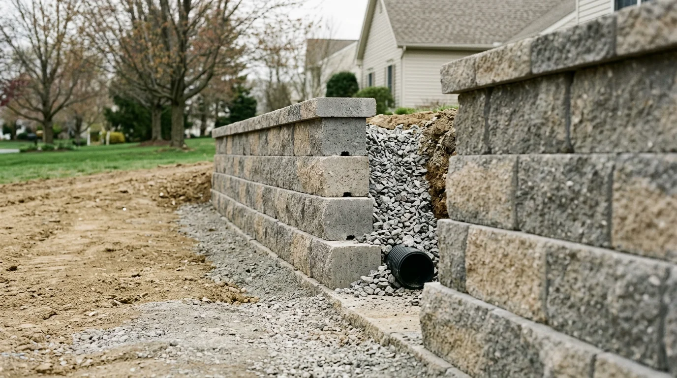 A finished landscape retaining wall holding back a sloped backyard on a residential property in Bridgeport, Pennsylvania, with level ground created on the uphill side. The wall runs along the base of the slope and separates the yard into two usable tiers.