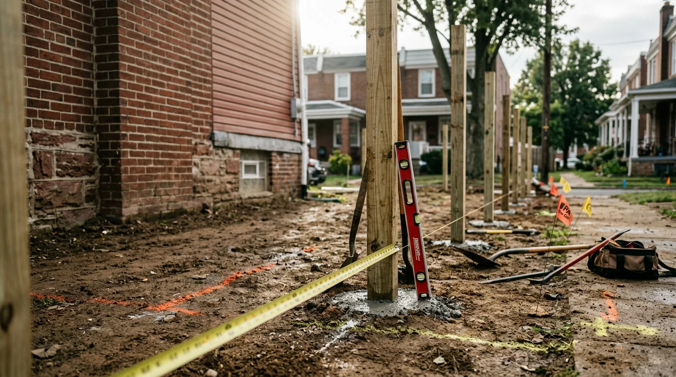 A newly installed residential fence along the rear yard of a row home in Bridgeport, Pennsylvania. The fence runs along a defined property line with finished posts and a clean fence line visible from the yard.