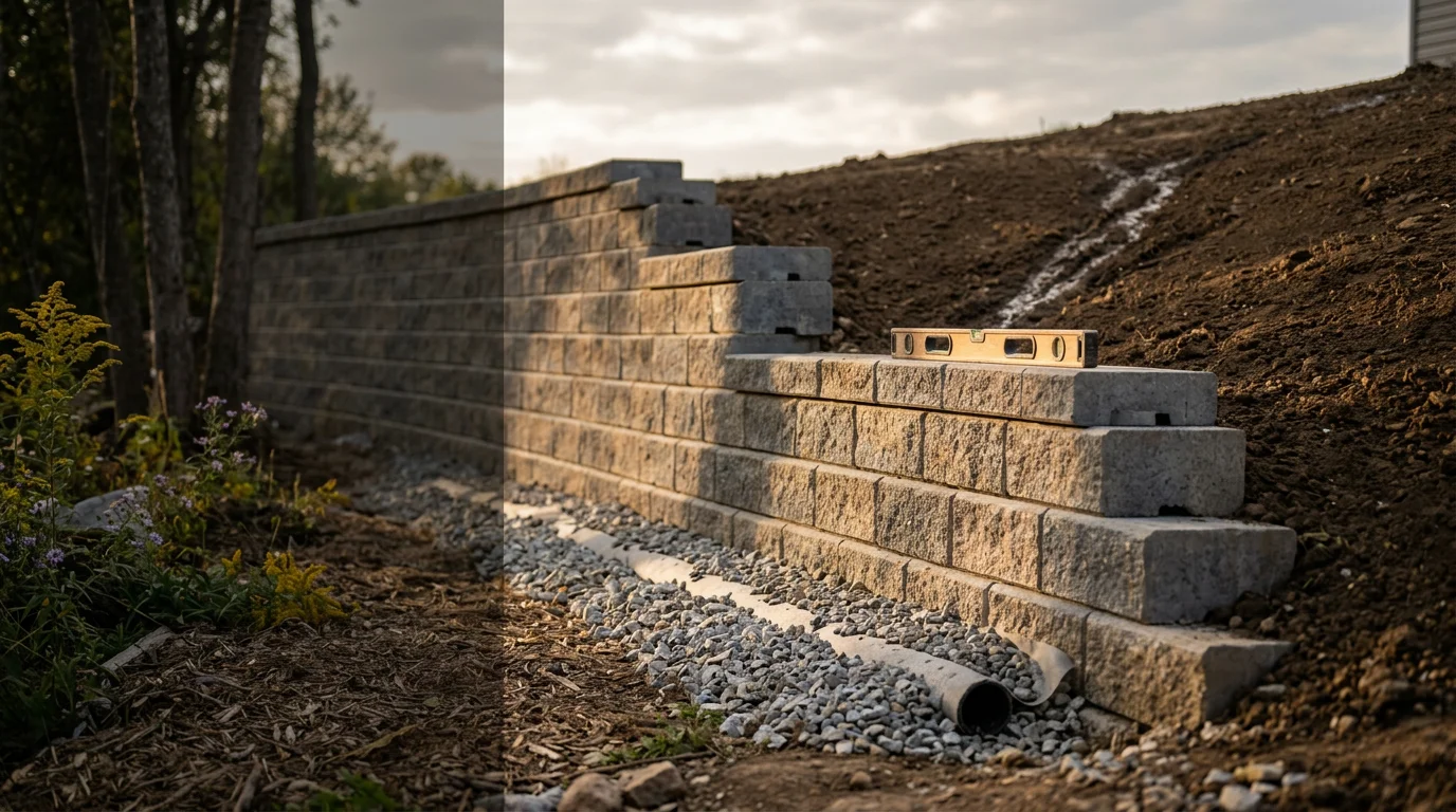 A newly installed retaining wall holding back a sloped residential yard in Bridgeport, Pennsylvania, with level ground created behind the wall and a clean stone face visible from the lawn below.