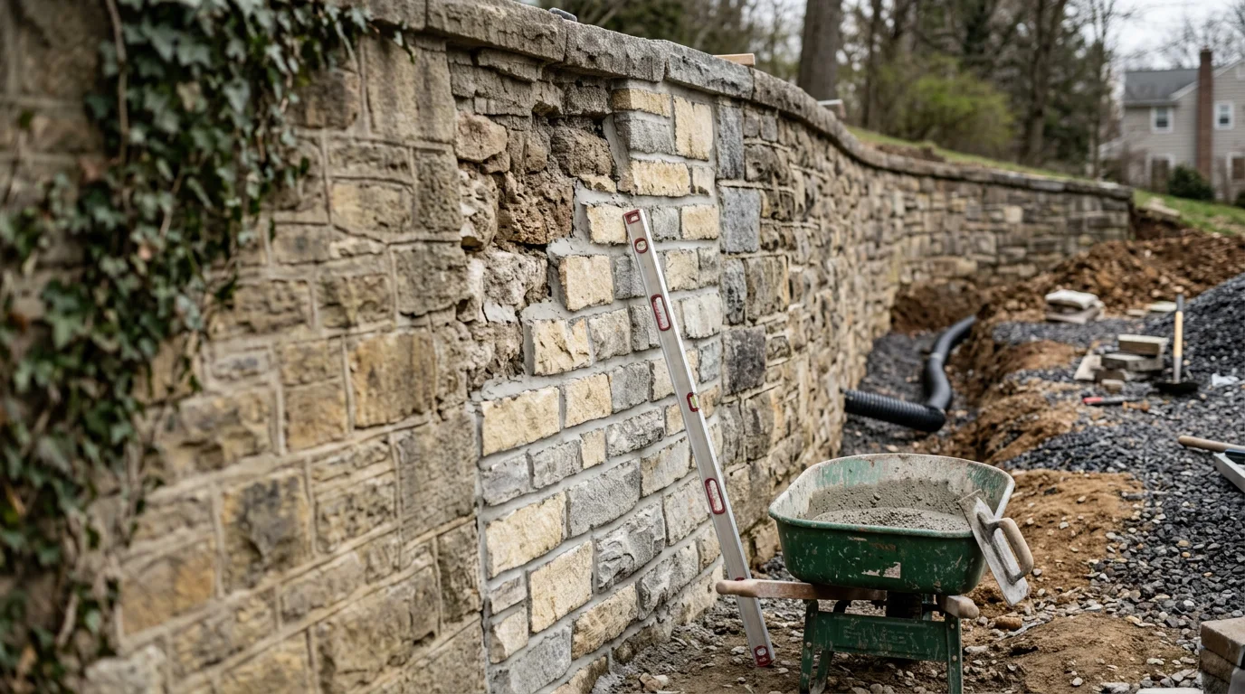A repaired stone retaining wall on a sloped residential property in Bridgeport, Pennsylvania, with restored coursing and graded soil behind it. The wall holds a raised lawn area above a lower patio, showing stable grade separation after repair work.