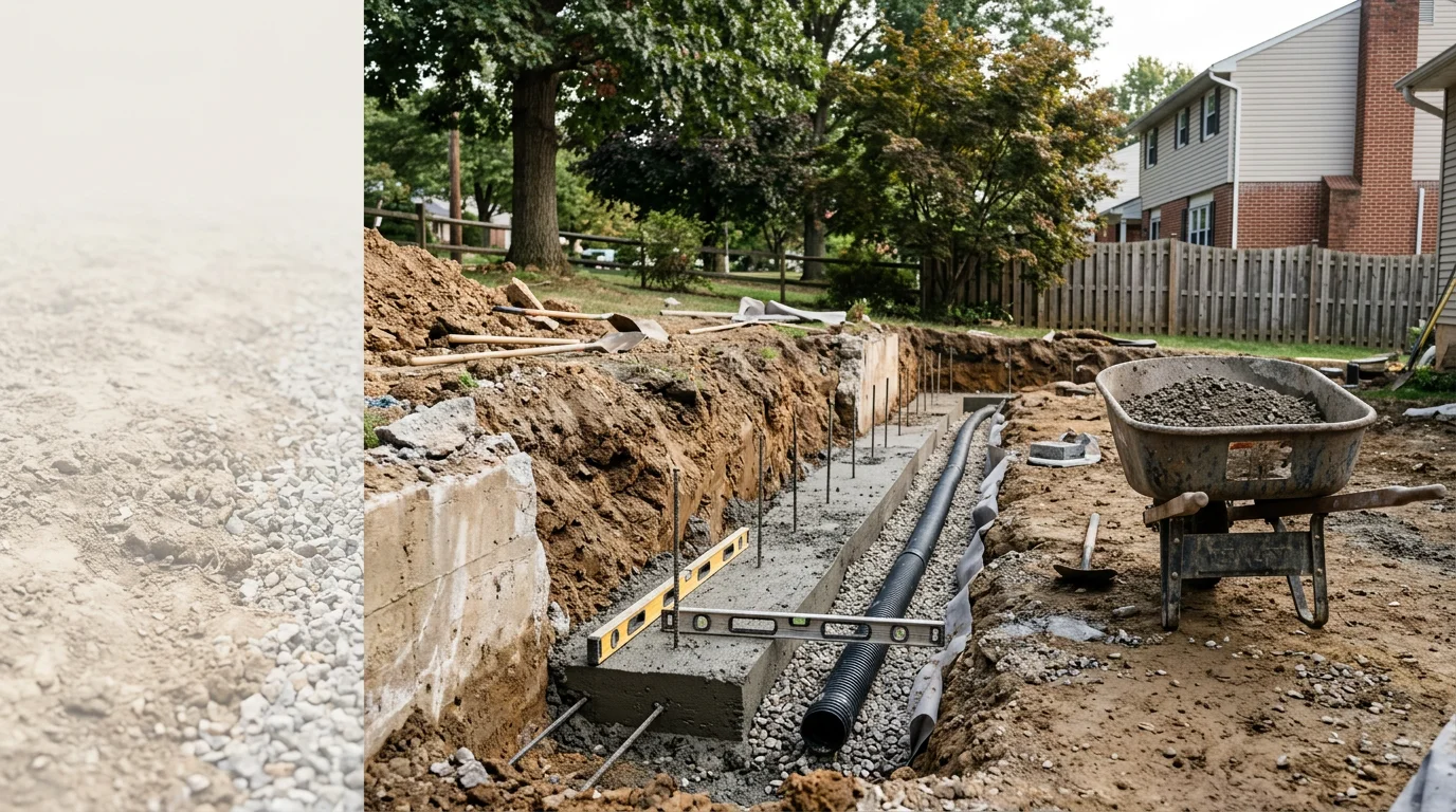 A newly completed retaining wall replacement on a residential property in Bridgeport, Pennsylvania, showing a structurally rebuilt wall holding back a sloped yard with clean backfill and a level lawn surface above.