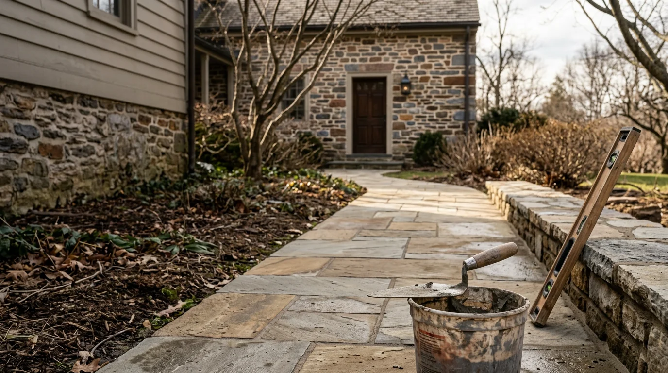 Completed stone masonry wall and walkway at a residential property in Bridgeport, Pennsylvania. Natural stone steps lead from the sidewalk to the front entry with tightly set mortar joints and a clean, even finish.