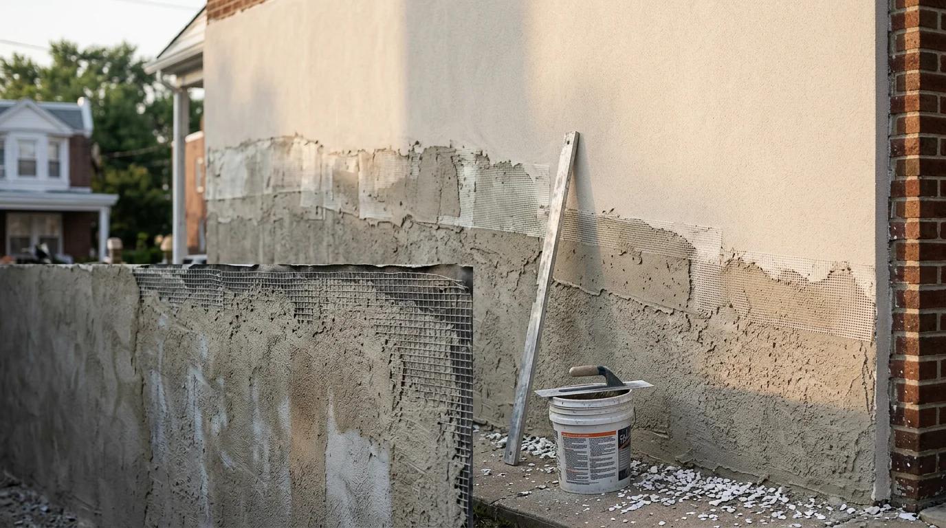 Freshly installed stucco exterior on a residential property in Bridgeport, Pennsylvania, showing a smooth finish coat applied over a layered masonry system. The completed wall surface reflects the clean, even texture typical of professional stucco installation in the Montgomery County area.
