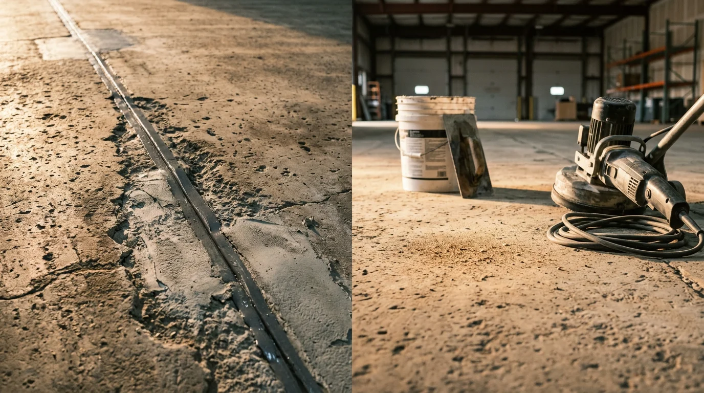 Freshly poured and finished concrete warehouse floor slab inside an industrial facility in Bridgeport, PA. The smooth gray surface shows clean control joints running across the floor with open bay doors visible in the background.
